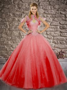 Fine Coral Red Vestidos de Quinceanera Military Ball and Sweet 16 and Quinceanera with Beading Halter Top Sleeveless Bru
