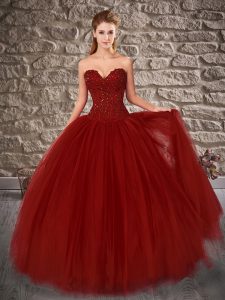 Sweetheart Sleeveless Quinceanera Dresses Brush Train Embroidery Burgundy Tulle