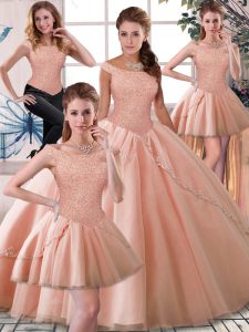 Peach Sleeveless Brush Train Beading Sweet 16 Quinceanera Dress