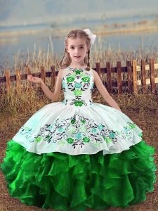 Simple Sleeveless Floor Length Embroidery and Ruffles Lace Up Little Girls Pageant Dress with Green