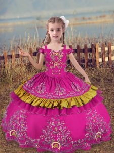 Latest Fuchsia Sleeveless Beading and Embroidery Floor Length Little Girls Pageant Dress