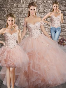 Lace Up Quinceanera Dress Pink for Military Ball and Sweet 16 and Quinceanera with Lace and Ruffles Brush Train