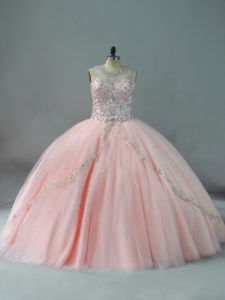 Stunning Peach Sleeveless Tulle Lace Up Quinceanera Gown for Sweet 16 and Quinceanera