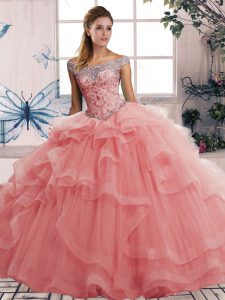 Floor Length Ball Gowns Sleeveless Watermelon Red 15 Quinceanera Dress Lace Up
