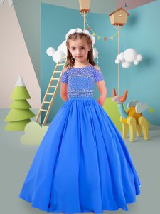 Discount Off The Shoulder Short Sleeves Kids Pageant Dress Floor Length Beading Blue Chiffon