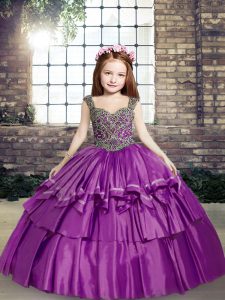 Purple Sleeveless Taffeta Lace Up Child Pageant Dress for Party and Military Ball and Wedding Party