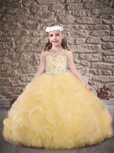 Gold Lace Up Straps Beading and Ruffles Girls Pageant Dresses Tulle Sleeveless Sweep Train