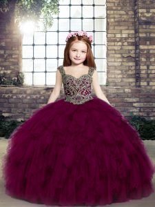 Fuchsia Tulle Lace Up Pageant Dress Wholesale Sleeveless Floor Length Beading