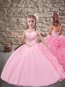 Great Straps Sleeveless Little Girls Pageant Gowns Brush Train Beading and Ruffles Pink Organza