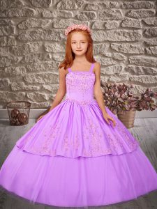 Lavender Girls Pageant Dresses Wedding Party with Embroidery Straps Sleeveless Sweep Train Lace Up