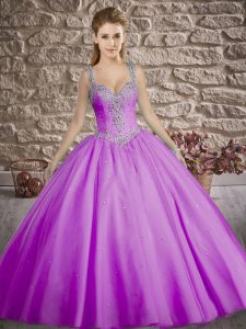 Classical Lavender Ball Gowns Tulle Straps Sleeveless Beading Zipper Quinceanera Dress Brush Train