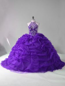 Strapless Sleeveless Quinceanera Gowns Court Train Beading and Pick Ups Purple Organza