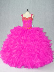 Fashion Sleeveless Organza Floor Length Lace Up Vestidos de Quinceanera in Fuchsia with Beading and Ruffles