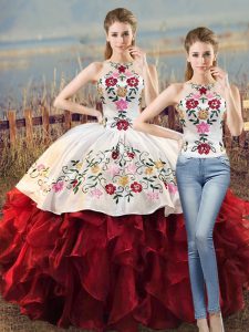 Traditional Floor Length White And Red 15 Quinceanera Dress Organza Sleeveless Embroidery and Ruffles