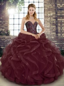 Simple Burgundy Tulle Lace Up Sweetheart Sleeveless Floor Length Quinceanera Dress Beading and Ruffles