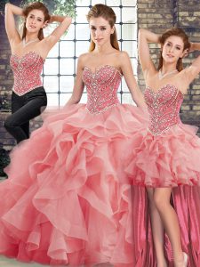 Sweetheart Sleeveless Brush Train Lace Up Quinceanera Gown Watermelon Red Tulle