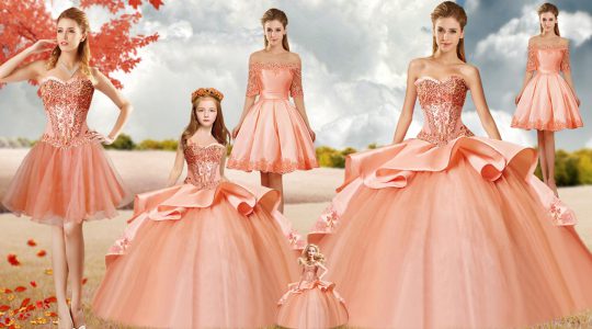 Artistic Peach Ball Gowns Sweetheart Sleeveless Taffeta and Tulle Court Train Lace Up Beading and Embroidery Quinceanera