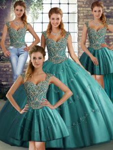 Popular Teal Ball Gowns Beading and Appliques Quinceanera Dress Lace Up Tulle Sleeveless Floor Length