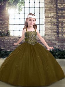 Simple Brown Ball Gowns Tulle Straps Sleeveless Beading Floor Length Lace Up Child Pageant Dress