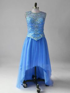 Dramatic Blue Empire Beading Homecoming Party Dress Lace Up Tulle Sleeveless High Low
