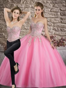 Hot Selling Rose Pink Tulle Lace Up Quince Ball Gowns Sleeveless Floor Length Appliques