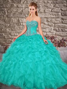 Admirable Ball Gowns Sleeveless Turquoise Sweet 16 Dress Brush Train Lace Up