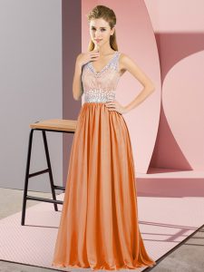 Sleeveless Floor Length Beading and Lace Backless with Orange