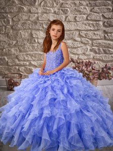 Perfect Lavender Ball Gowns Beading and Ruffles Little Girls Pageant Dress Lace Up Organza Sleeveless