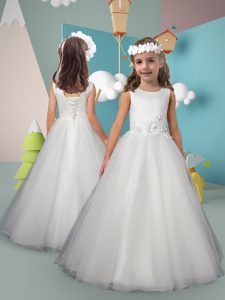 Luxurious White Tulle Lace Up Flower Girl Dress Sleeveless Floor Length Appliques