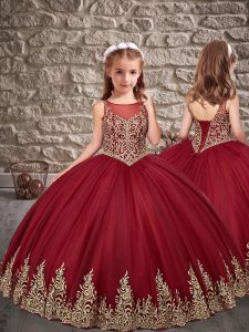 Latest Wine Red Tulle Lace Up Scoop Sleeveless Floor Length Little Girls Pageant Dress Appliques