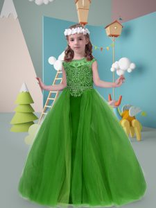 Green Scoop Zipper Beading Little Girls Pageant Dress Sweep Train Sleeveless