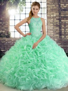 Sleeveless Fabric With Rolling Flowers Floor Length Lace Up Sweet 16 Quinceanera Dress in Apple Green with Beading
