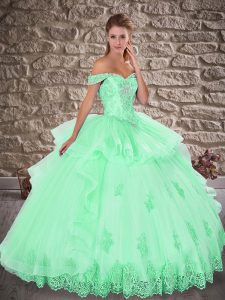 Dynamic Apple Green Lace Up Off The Shoulder Beading and Lace 15th Birthday Dress Tulle Sleeveless