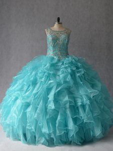 Affordable Aqua Blue Sleeveless Floor Length Beading and Ruffles Lace Up Quinceanera Dress