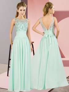 Apple Green Evening Dress Prom and Party and Military Ball with Beading Scoop Sleeveless Backless