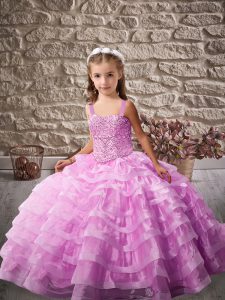 Sleeveless Brush Train Beading and Ruffled Layers Lace Up Little Girl Pageant Gowns