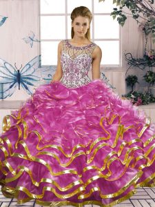 Fuchsia Sleeveless Beading and Ruffles Floor Length Sweet 16 Dress
