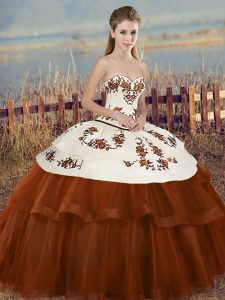 Brown Lace Up Sweetheart Embroidery and Bowknot 15 Quinceanera Dress Tulle Sleeveless
