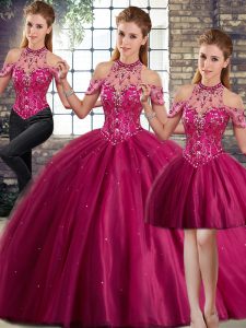 New Style Fuchsia Three Pieces Beading Vestidos de Quinceanera Lace Up Tulle Sleeveless