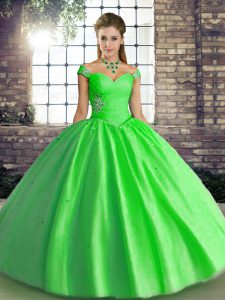 Trendy Green Off The Shoulder Lace Up Beading Quince Ball Gowns Sleeveless
