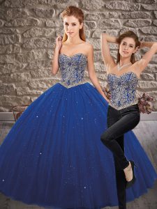 Royal Blue Tulle Lace Up Sweetheart Sleeveless Floor Length 15th Birthday Dress Beading