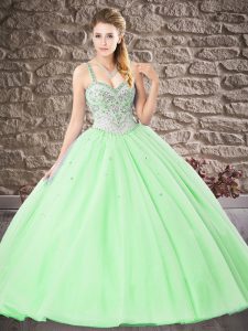 Cute Apple Green Quinceanera Gown Military Ball and Sweet 16 and Quinceanera with Beading and Lace Straps Sleeveless Lac