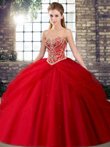 Top Selling Red Lace Up Quinceanera Dresses Beading and Pick Ups Sleeveless Brush Train