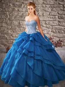 Ball Gowns Vestidos de Quinceanera Blue Sweetheart Organza Sleeveless Floor Length Lace Up