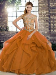 Cheap Orange Lace Up 15th Birthday Dress Beading and Ruffles Sleeveless Brush Train