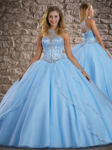 Free and Easy Tulle Halter Top Sleeveless Brush Train Lace Up Beading Sweet 16 Quinceanera Dress in Blue