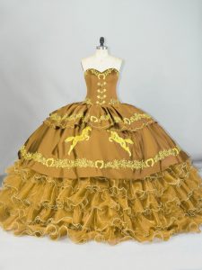 Brown Lace Up 15th Birthday Dress Embroidery and Ruffled Layers Sleeveless Brush Train