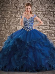Glorious Blue Cap Sleeves Beading and Ruffles Lace Up Quinceanera Dress