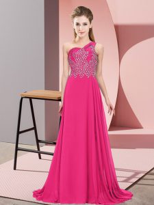 Inexpensive Hot Pink Prom Dresses Prom and Party with Beading One Shoulder Sleeveless Side Zipper
