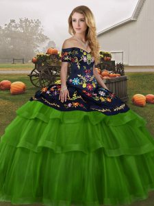 Embroidery and Ruffled Layers Quinceanera Dresses Green Lace Up Sleeveless Brush Train